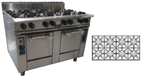 8 BURNER GAS COOKTOP WITH 2 IN-BUILT GAS OVEN WITH PILOT LIGHT